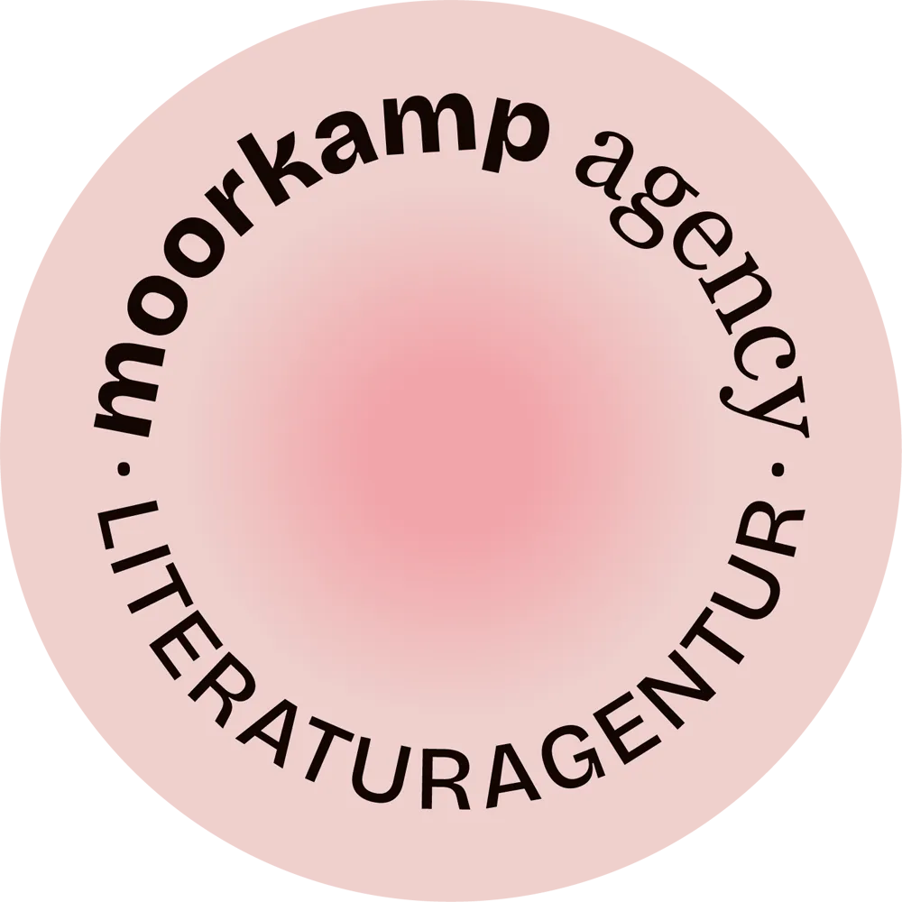 Sekundäres Logo von moorkamp agency, Rosa Kreis mit rund angeordneter Schrift "moorkamp agency – Literaturagentur"